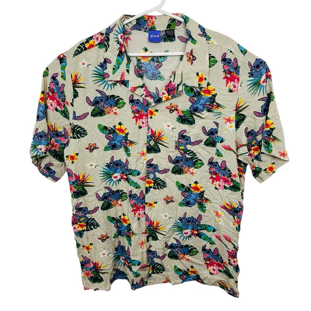 Disney Stitch Hawaiian Shirt Short Sleeve 100% Rayon Tropical Aloha Mens Size XL